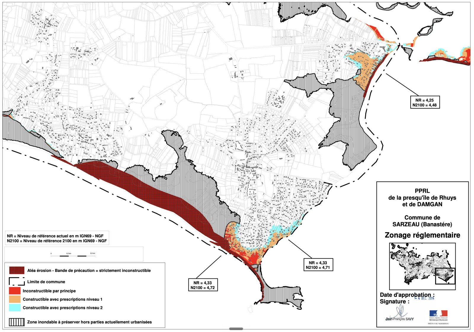 Plan de zonage réglementaire du PPRL, vue d'ensemble du secteur de Banastère